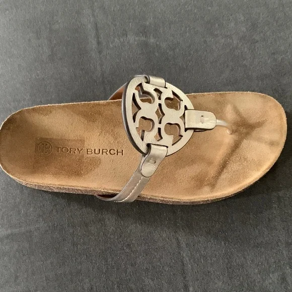Tory Burch Miller Cloud sandals with Mettalic Gold and Tan. - Picture 5 of 12